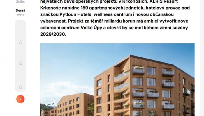 AERIS Resort míří do předprodeje. Promění centrum Velké Úpy